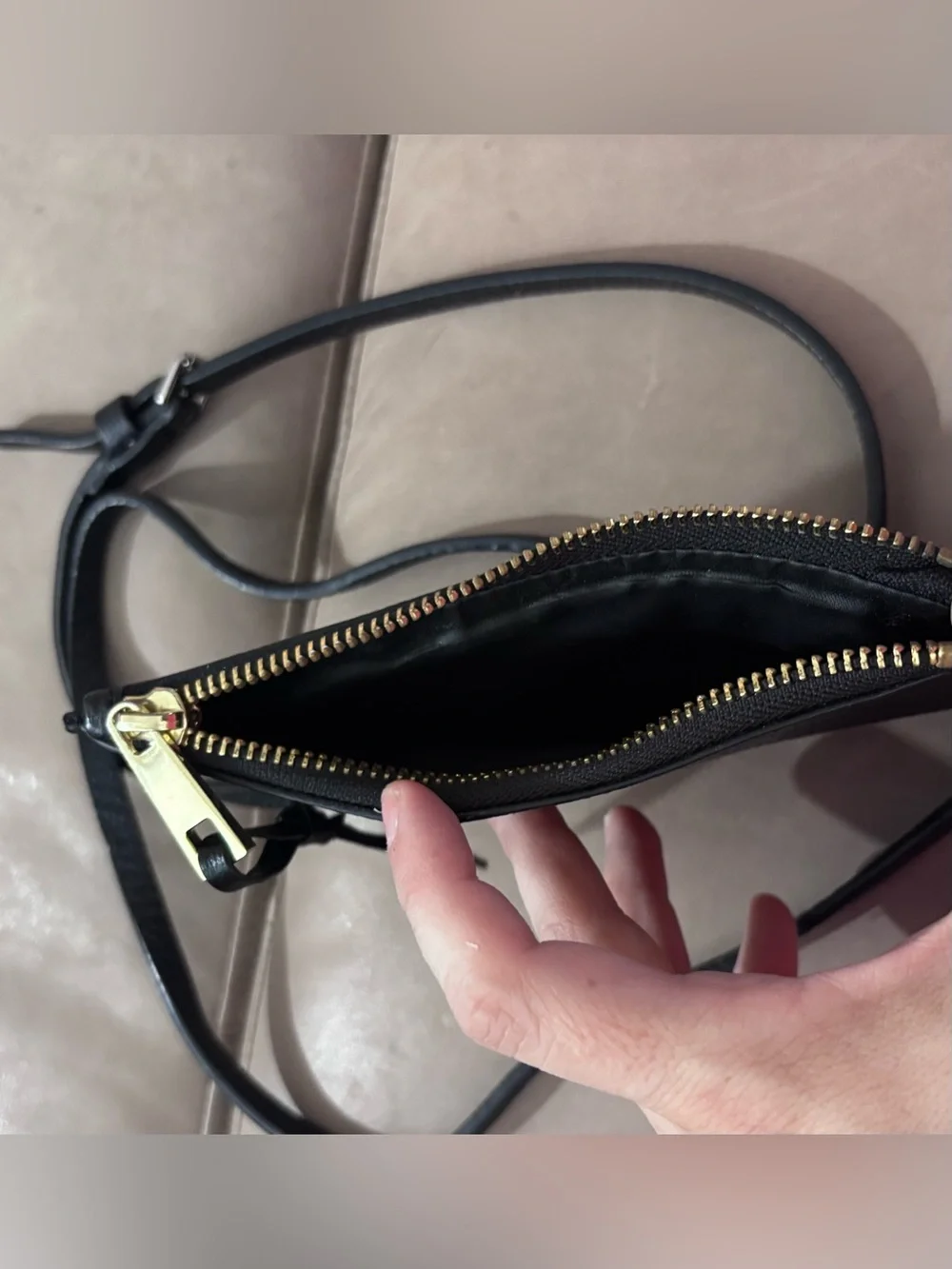 Bandolier Expanded Zip Pouch Black Pebbled Leather Crossbody Wallet with Strap
